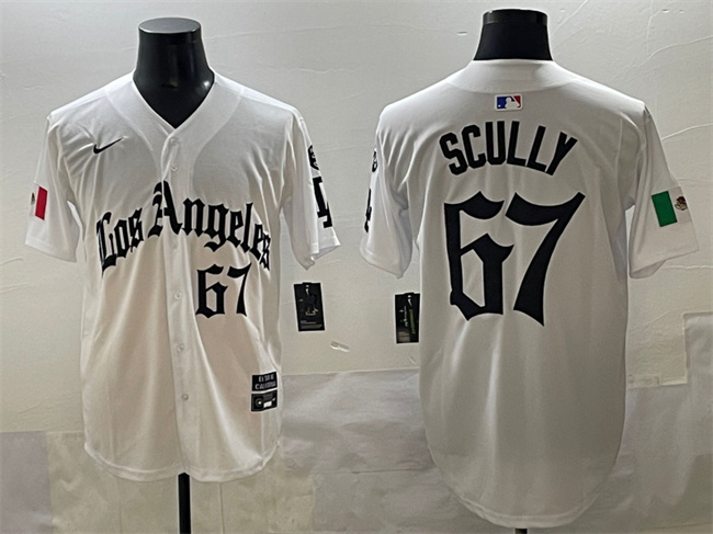 Men's Los Angeles Dodgers #67 Vin Scully White Mexico 2025 LA Gothic Style With Fernando Patch Vapor Premier Limited Stitched Baseball Jersey Men's Los Angeles Dodgers #67 Vin Scully White Mexico 2025 LA Gothic Style With Fernando Patch Vapor Premier Limited Stitched Baseball Jersey
